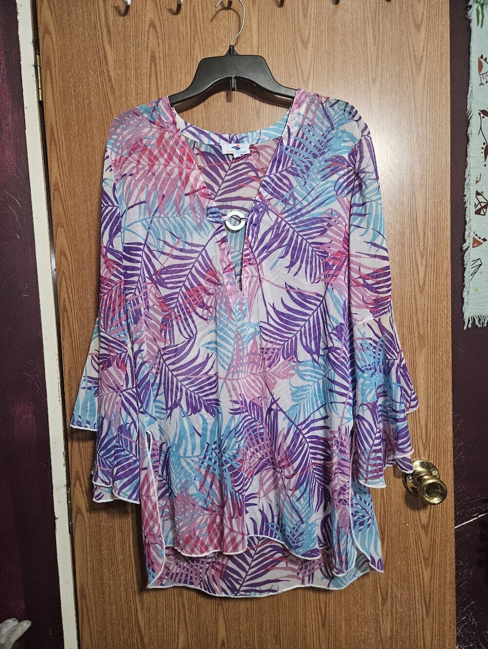 Sunny Ocean Tropical Palm Leaf Print Swimsuit Coverup Flounce Sleeve Size Large!